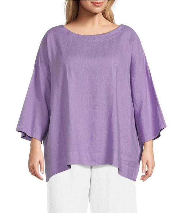 Bryn Walker Plus Size Resort Light Linen Boat Neck 3/4 Sleeve Dropped Shoulder Coordinating Shirt Product Image