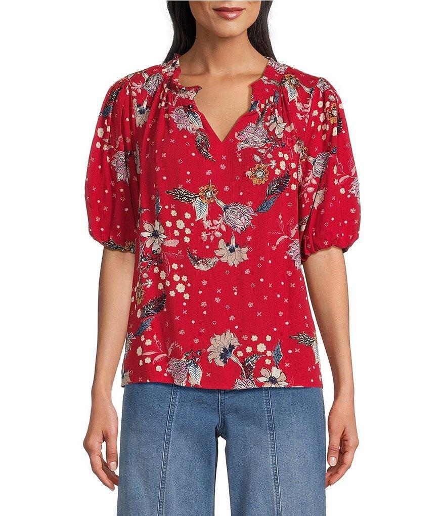 Nurture by Westbound Woven Print V-Neck Short Puff Sleeve Top Product Image