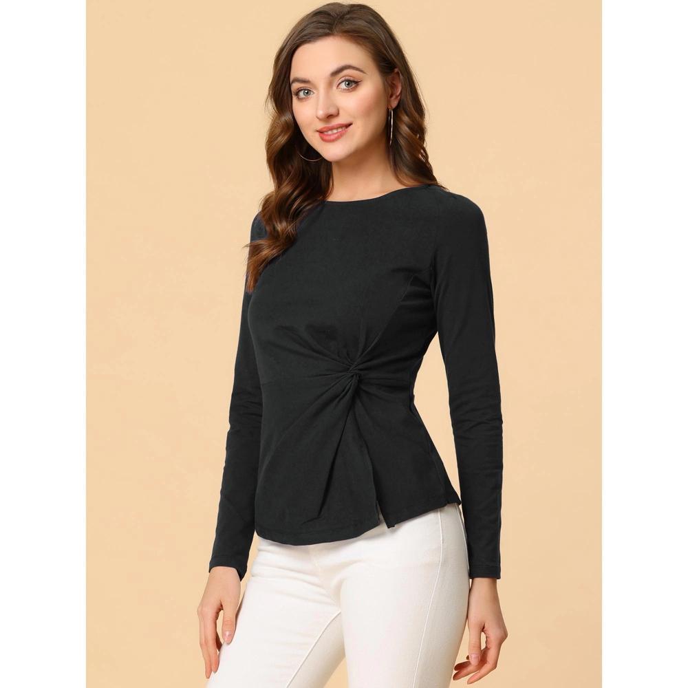 Allegra K Women's Comfort Round Neck Twist Front Long Sleeve Blouse Basic Top Product Image