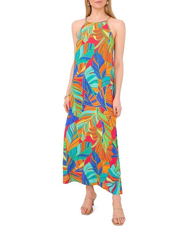 Vince Camuto Tropical Print Halter Neck Sleeveless Shift Maxi Dress Product Image