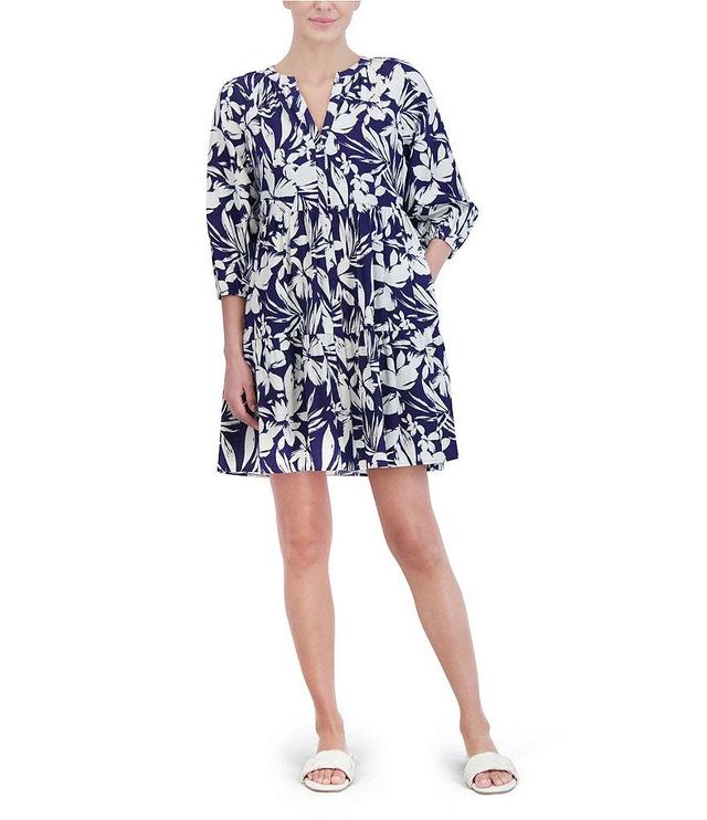 Jessica Howard 3/4 Sleeve V-Neck Tiered Skirt Floral Linen Dress Product Image