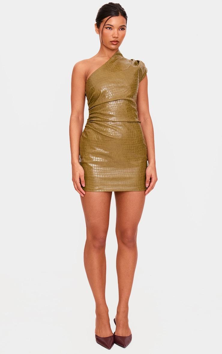 PLT Label Olive Croc Faux Leather Asymmetric Bodycon Dress Product Image