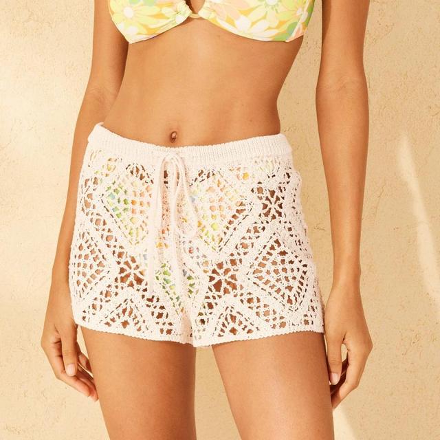 Womens Drawstring Crochet Swim Cover Up Shorts - Wild Fable Cream XS Product Image