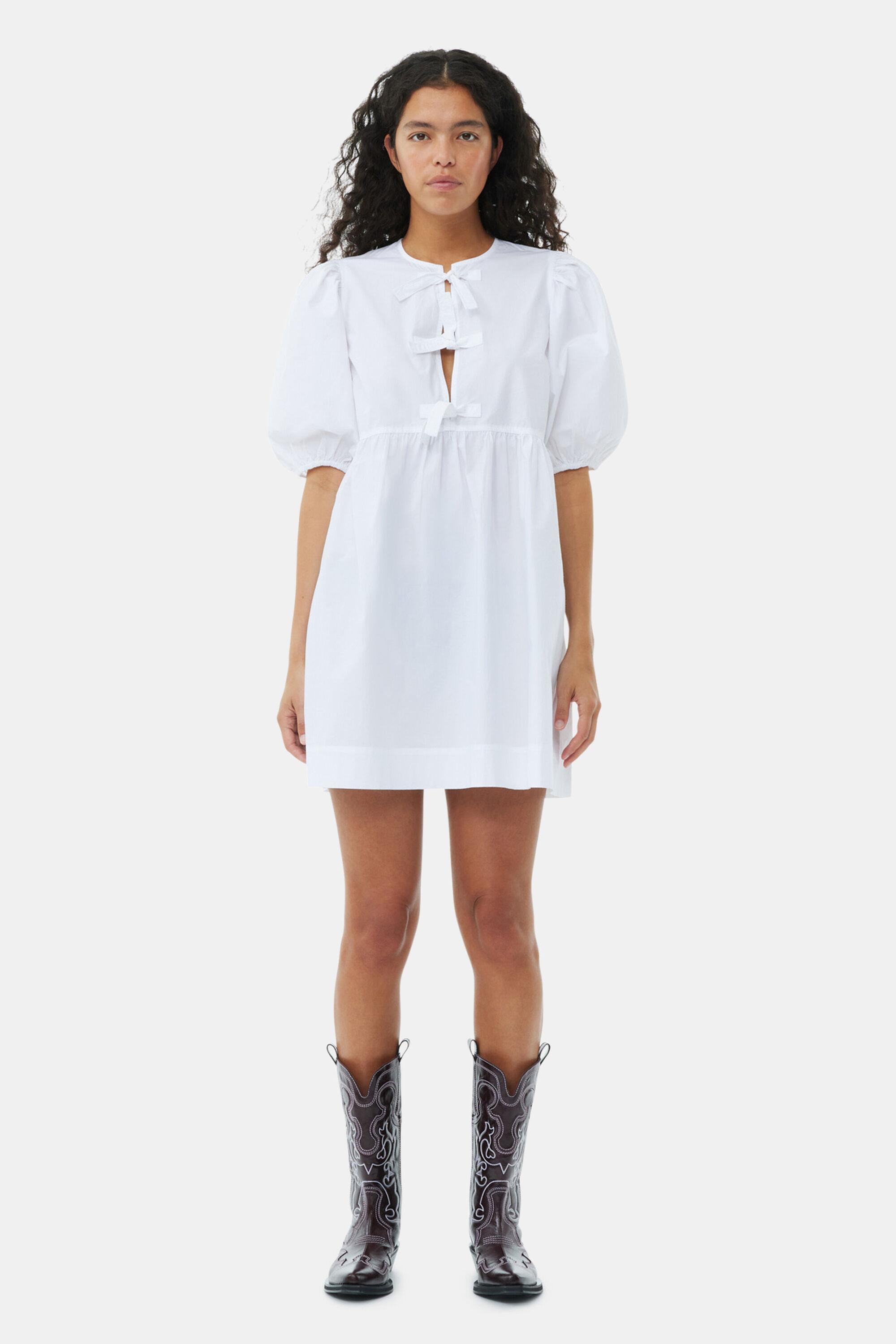 White Cotton Poplin Tie String Mini Dress Product Image