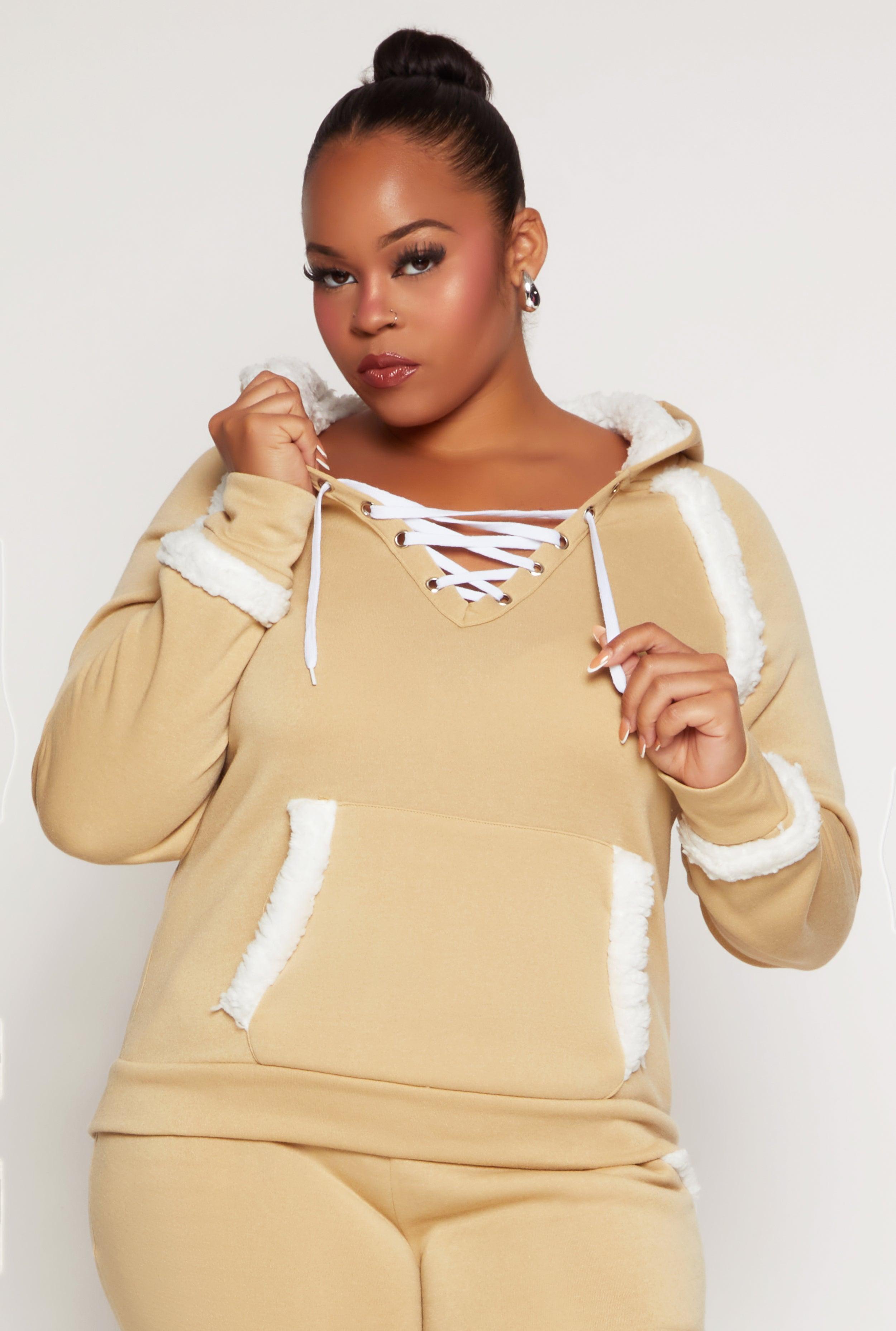 Womens Plus Size Sherpa Contrast Trim Hoodie Product Image