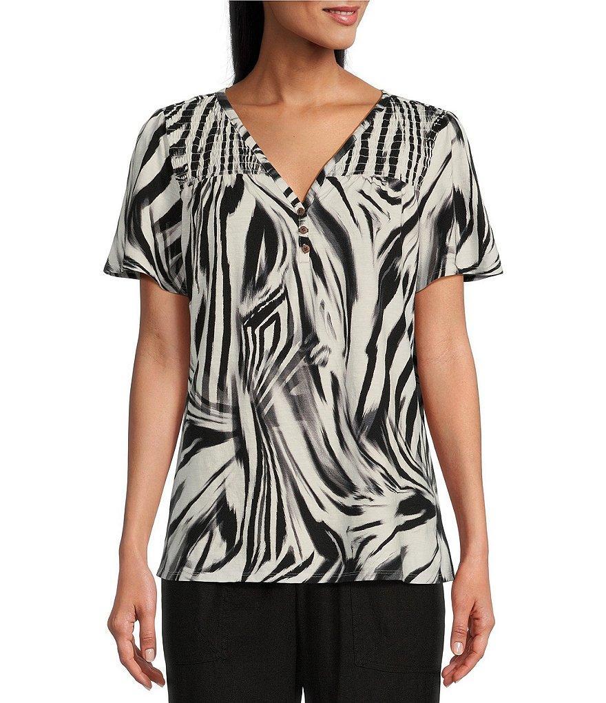 Westbound V-Neck Flutter Sleeve Smocked Zebra Top Product Image