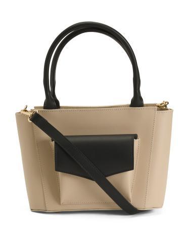 Leather Contrast Flap Over Pocket Satchel for Women Product Image