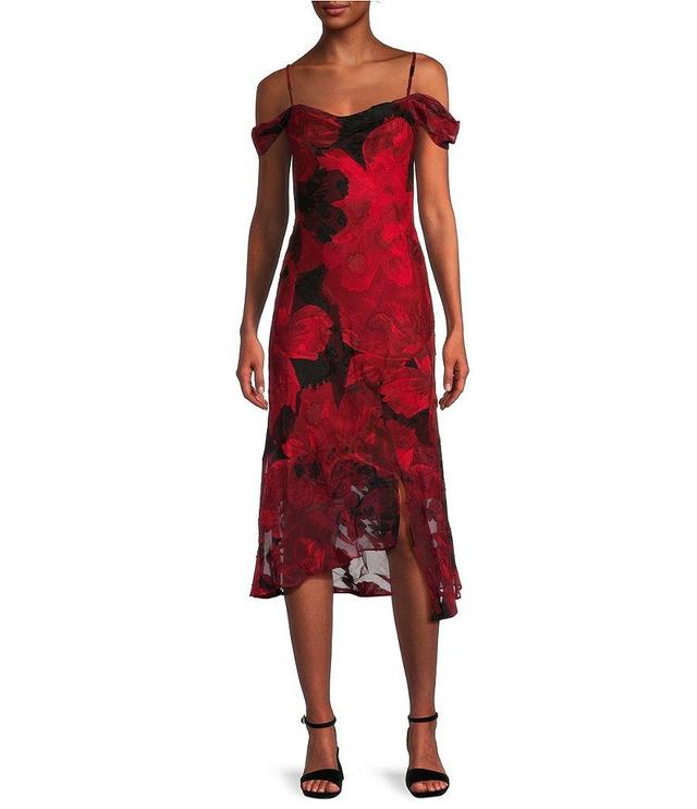 I.N. San Francisco Floral Print Cowl Neck Spaghetti Strap Cold Shoulder Midi Side Slit Dress Product Image