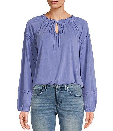 Lucky Brand Sandwash Split V-Neck Long Sleeve Elastic Hem Blouson Top Product Image