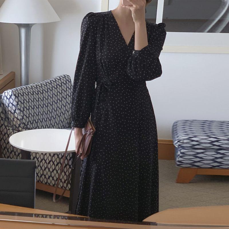 Long-Sleeve V-Neck Dotted Tie Waist Midi A-Line Wrap Dress Product Image