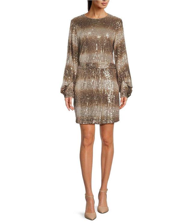 Belle by Badgley Mischka Jenna Sequin Ombre Crew Neck Long Sleeve Tie Sash Sheath Dress Product Image