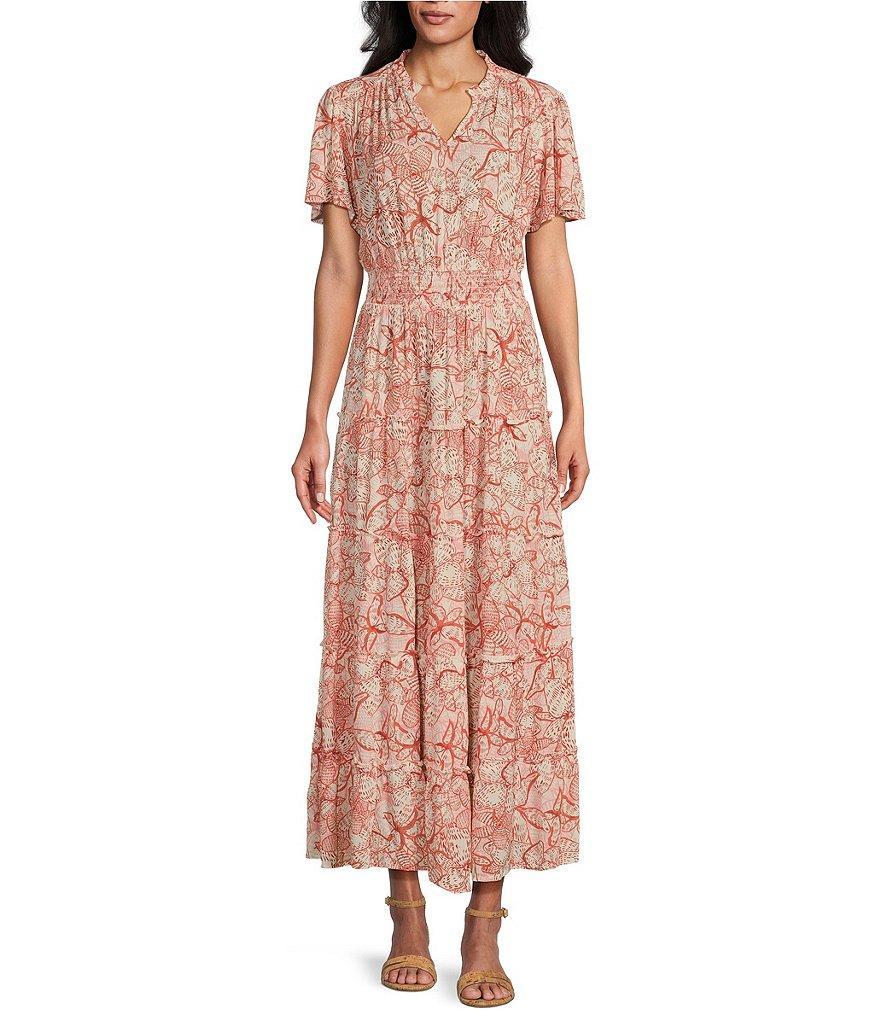 Nurture by Westbound Floral Print Split V-Neck Short Sleeve Ruffle Tiered A-Line Maxi Dress Product Image