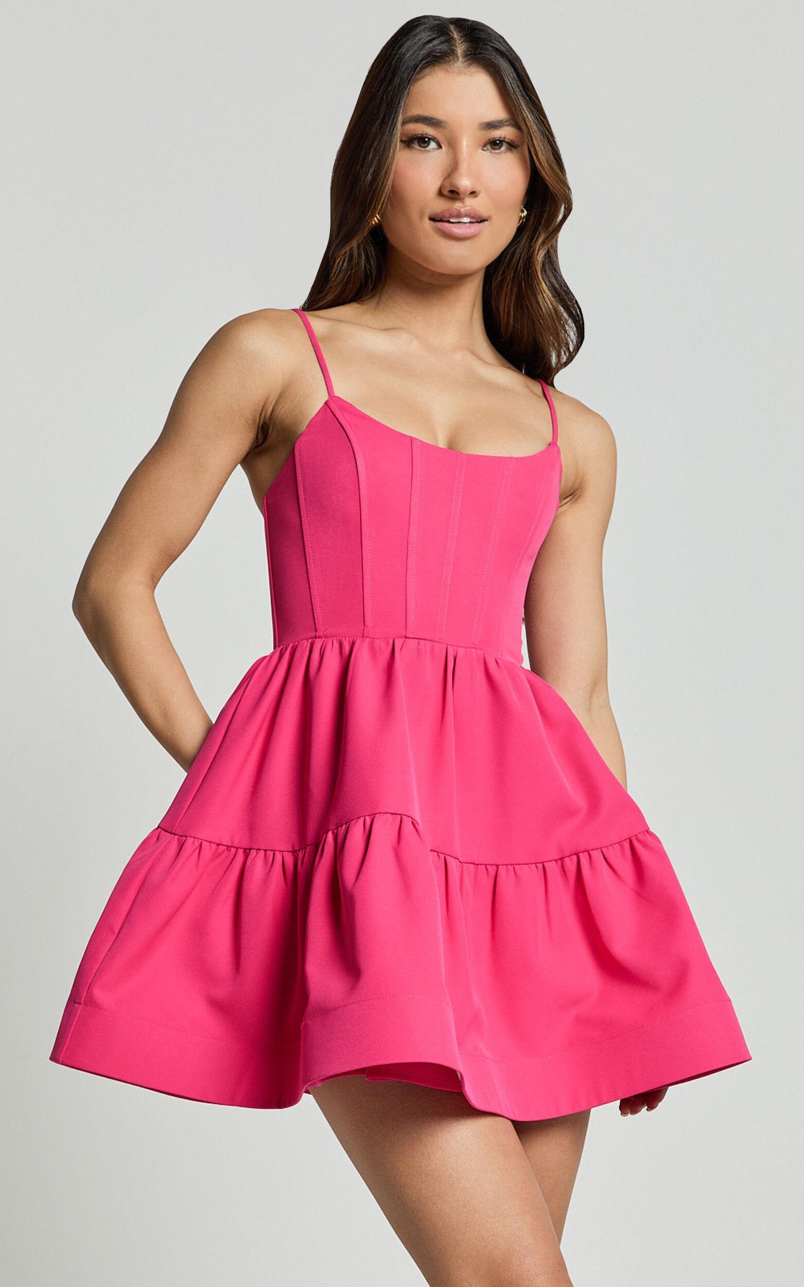 Zelda Mini Dress - Corset Front Tiered Lace Up Mini Dress in Pink Product Image