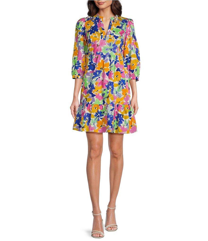 tyler boe Karlie Monet Floral Print Ruffle Trim Split V-Neck 3/4 Cuffed Sleeve Tiered A-Line Dress Product Image