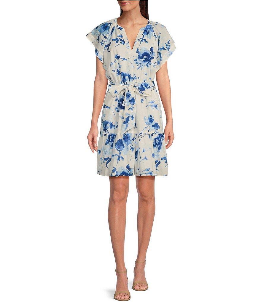 Lauren Ralph Lauren Voile Floral Print Split V-Neck Flutter Short Sleeve Belted Dress Product Image