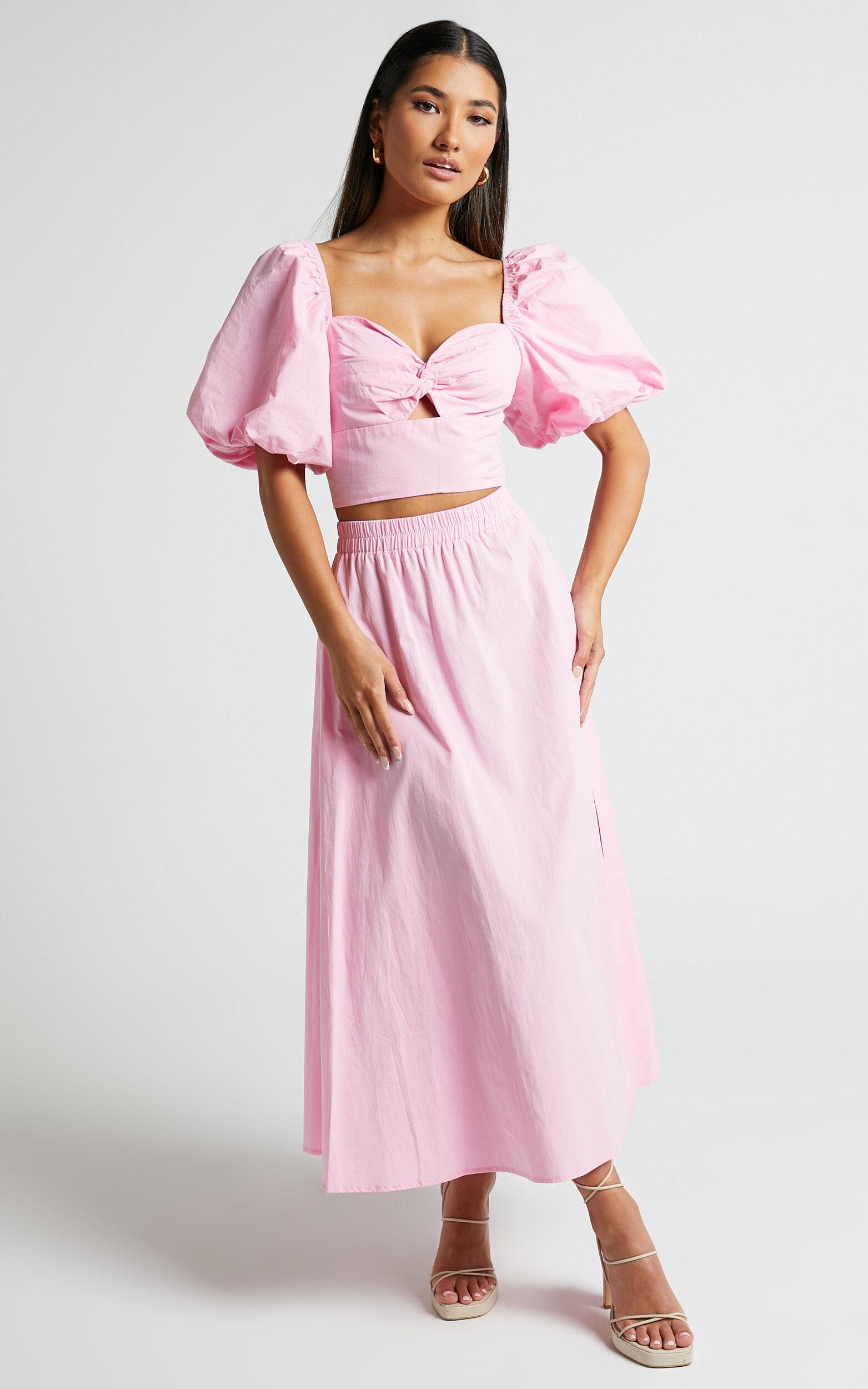 Alpha Two Piece Set - Linen Look Puff Sleeve Twist Bodice Top Midi Skirt in Light Pink Product Image