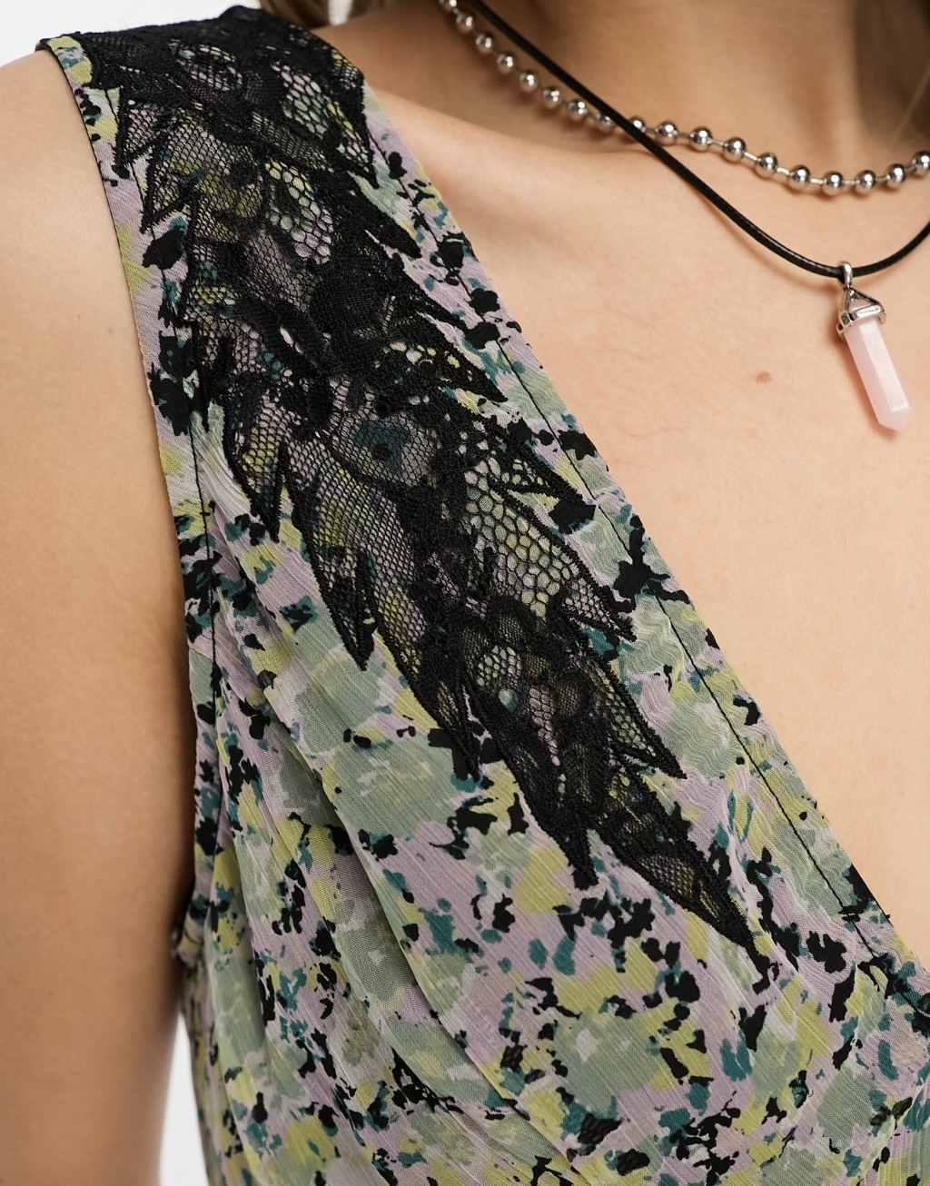 Reclaimed Vintage bias cut slip in blurred floral with lace Product Image