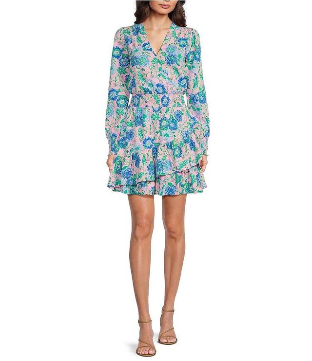 Lilly Pulitzer Cristiana Woven Floral Print V-Neck Long Sleeve Smocked Ruffle A-Line Dress Product Image