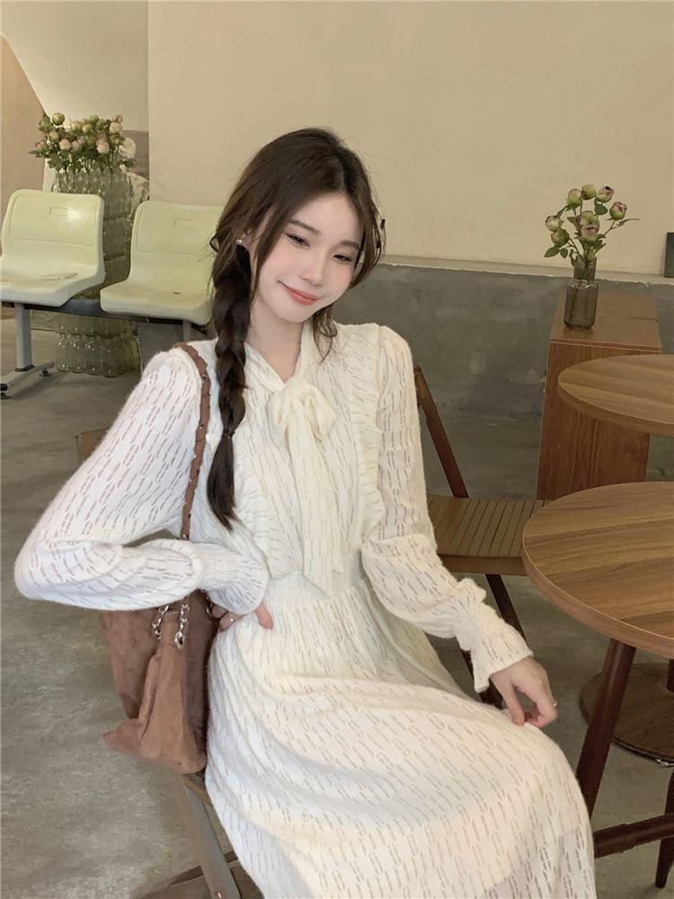 Long-Sleeve Tie-Neck Plain Lace Midi A-Line Dress Product Image