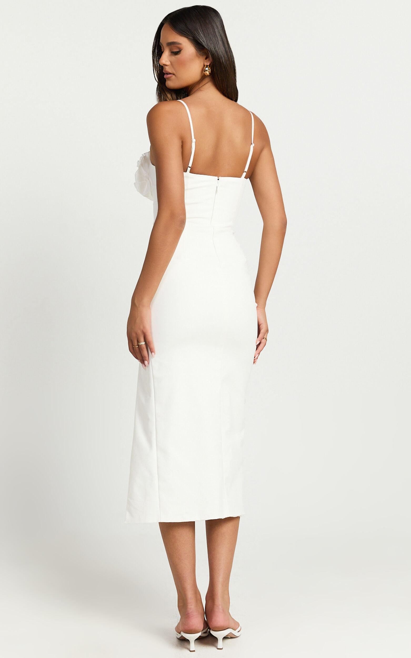 Benji Midi Dress - Ruffle Bodice Fitted Side Split Dress in Off White Product Image