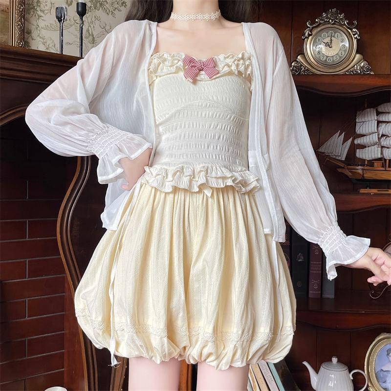 Elastic Waist Bow Lace Trim Bubble Hem Skort Product Image