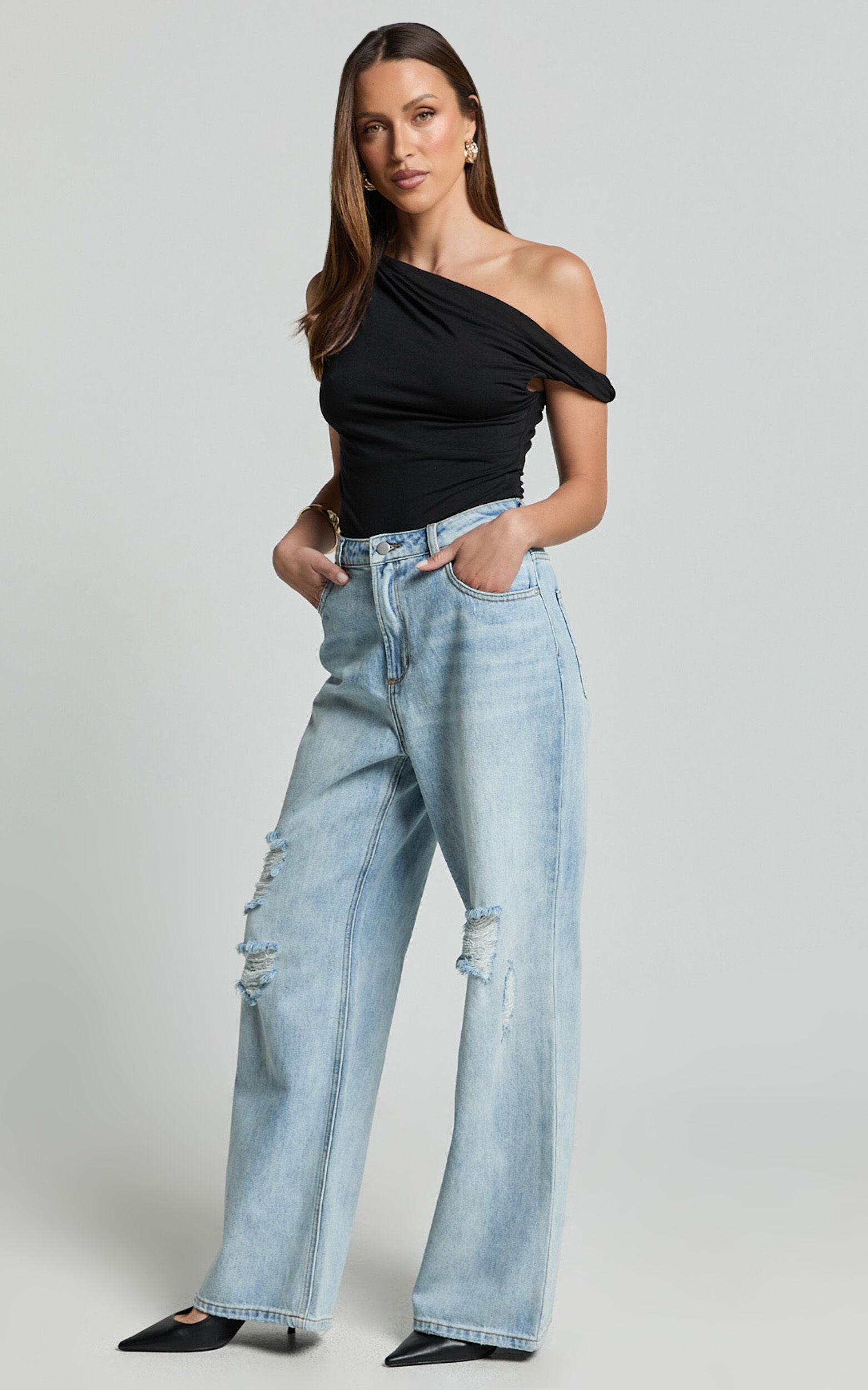 Cate Jeans - Baggy High Waist Ripped Wide Leg Recycled Denim Jeans in Light Blue Wash Product Image