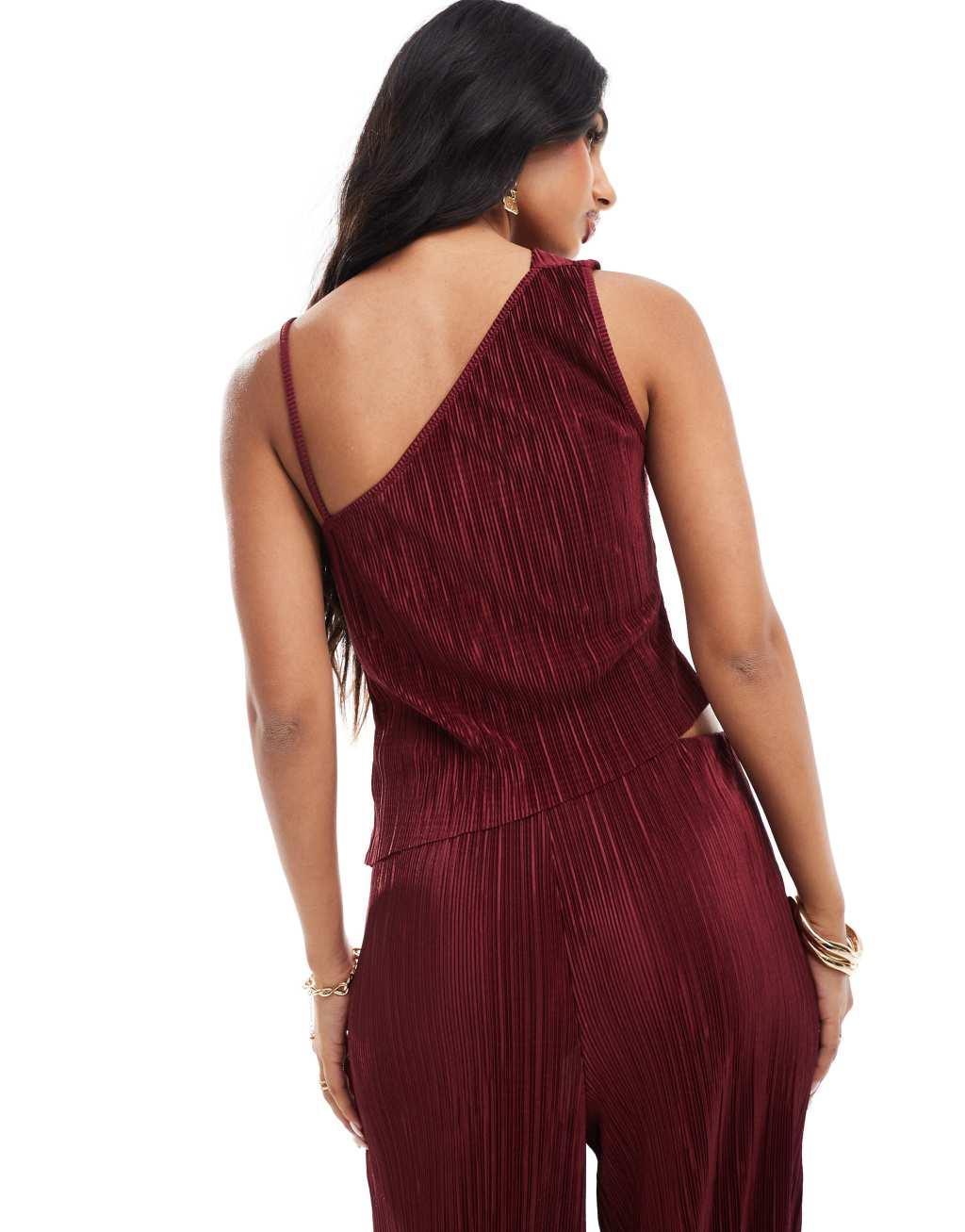 ASOS DESIGN drape plisse asymmetric top in burgundy - part of a set  Product Image