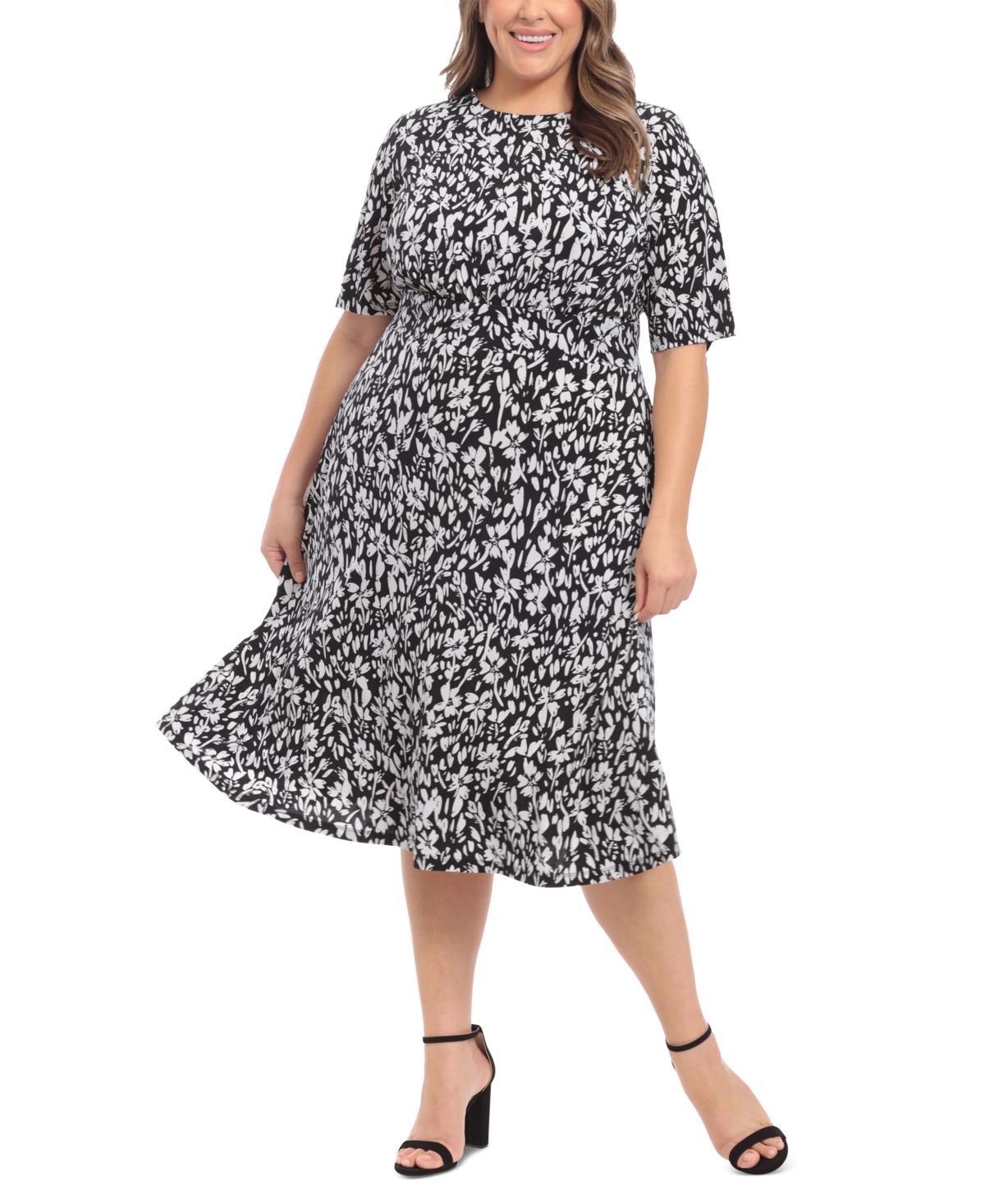 London Times Plus Size Floral-Print Short-Sleeve Midi Dress - Black Product Image