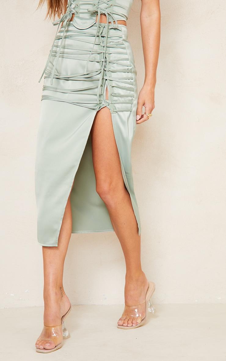 Sage Khaki Satin Lace Up Back Midi Skirt Product Image