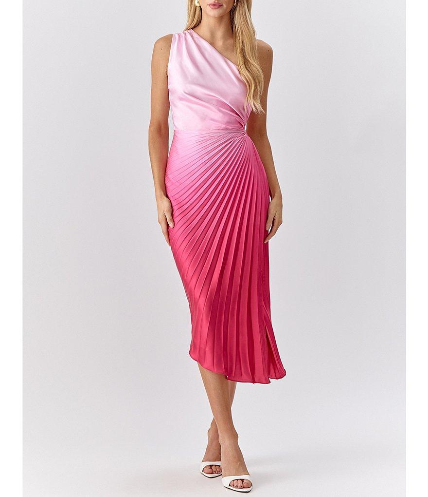 Adelyn Rae Satin Ombre Pleated One Shoulder Sleeveless Asymmetrical Hem Midi Dress Product Image