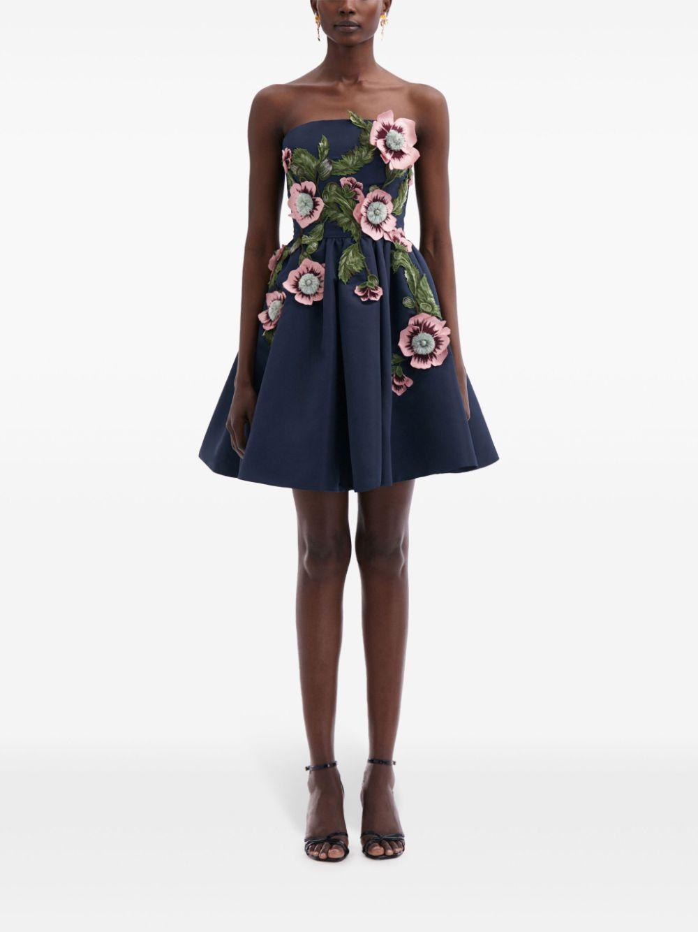 OSCAR DE LA RENTA Strapless Hibiscus Embroidered Faille Mini Dress In Navy Product Image