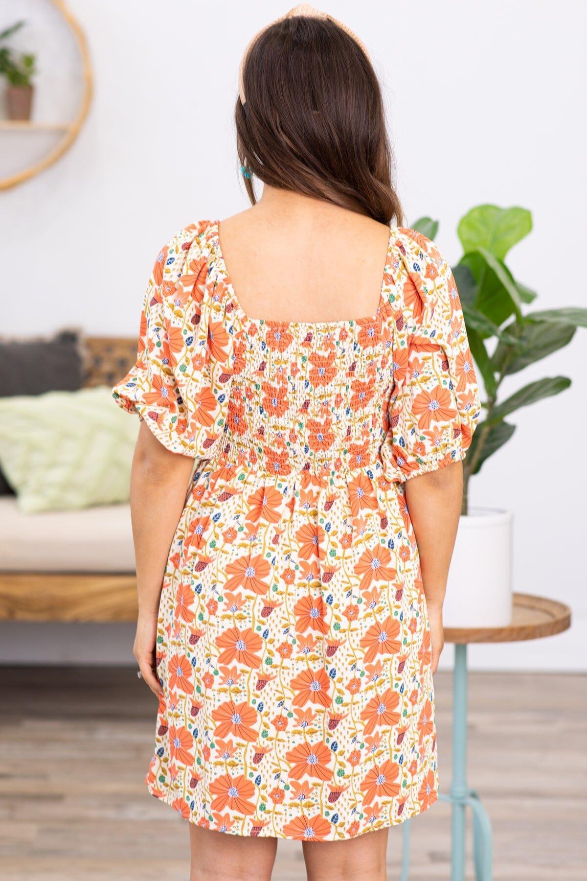 Orange Multicolor Floral Puff Sleeve Dress Product Image