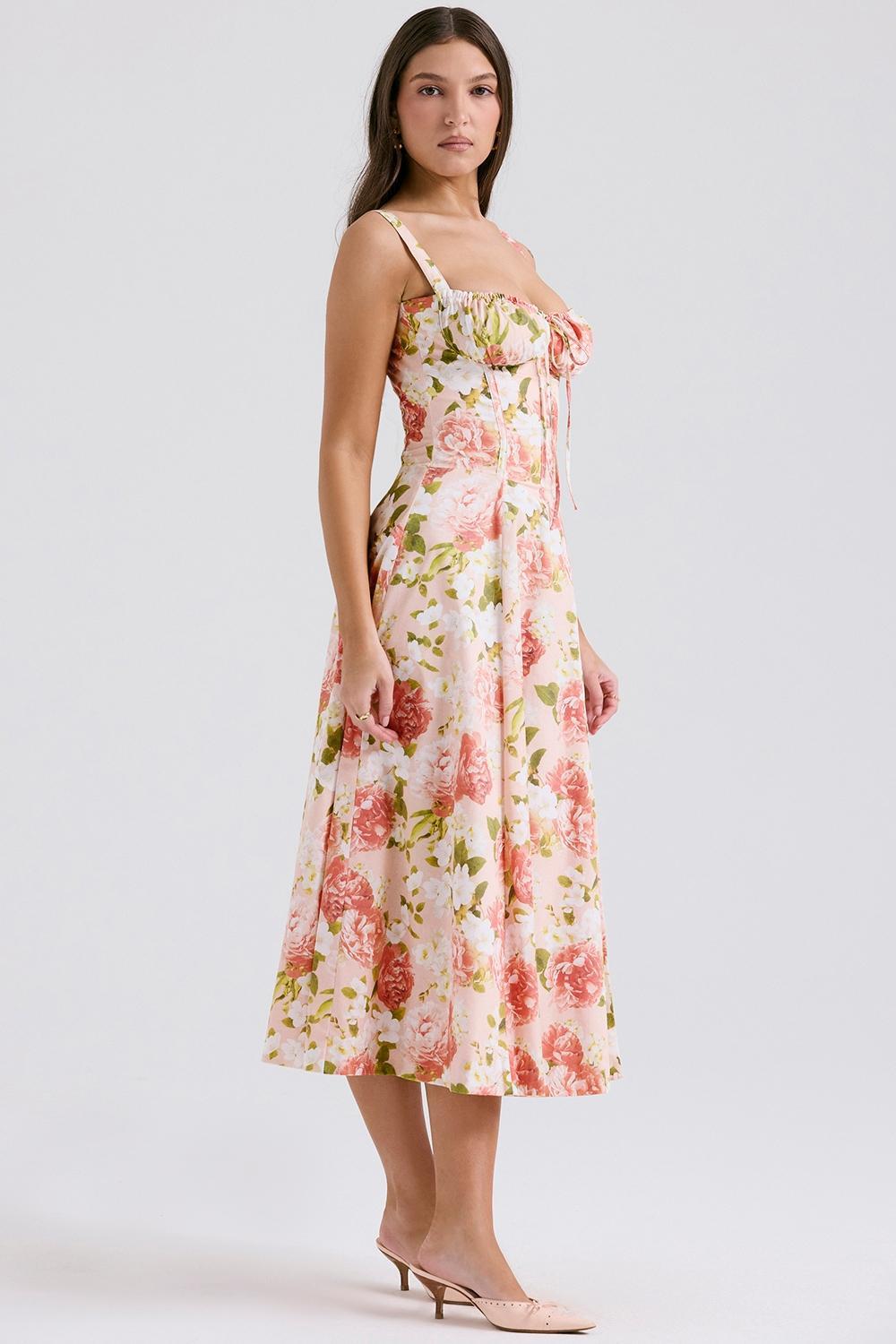 Carmen Pink Peony Print Cotton Bustier Sundress Product Image