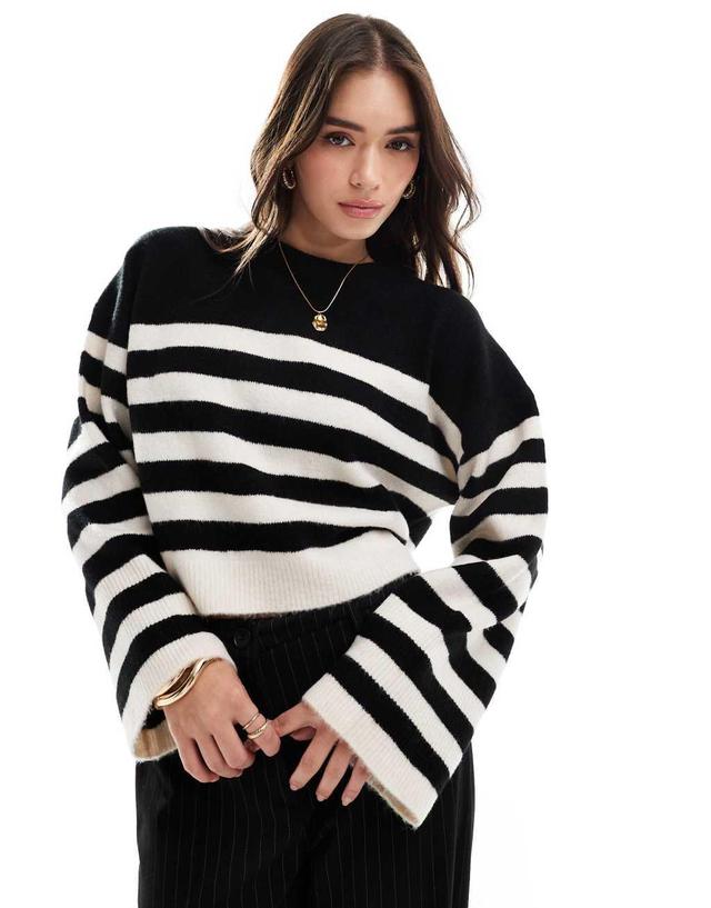 ASOS DESIGN crew neck boxy sweater with wide cuff in mono stripe Product Image