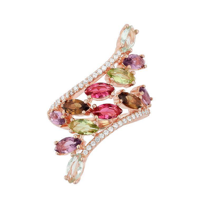 18K Rose Gold Over Silver Cubic Zirconia Multi-Colored Marquise Bypass Ring, Womens Pink Product Image