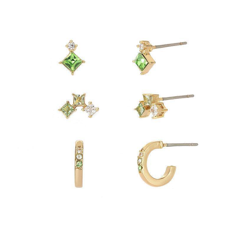 Power of Color Green Cubic Zirconia Multi Stud & Hoop Earring Trio Set, Womens, Gold Tone Green Product Image