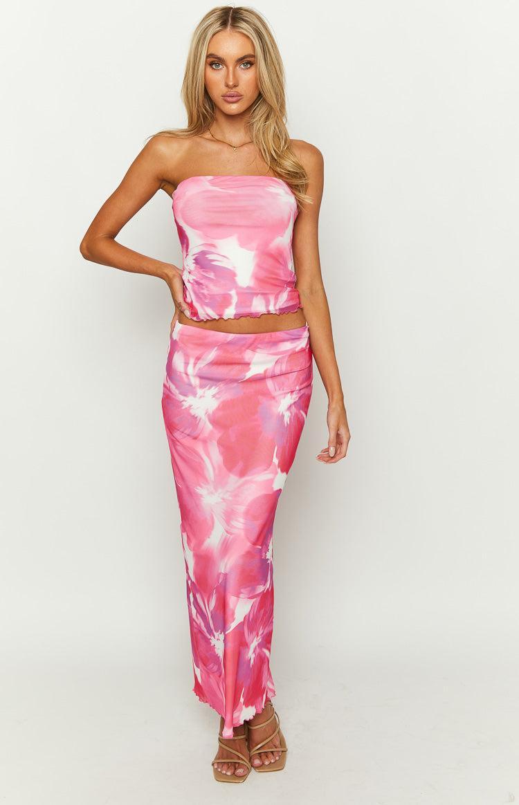 When In Rome Pink Floral Print Mesh Maxi Skirt Product Image