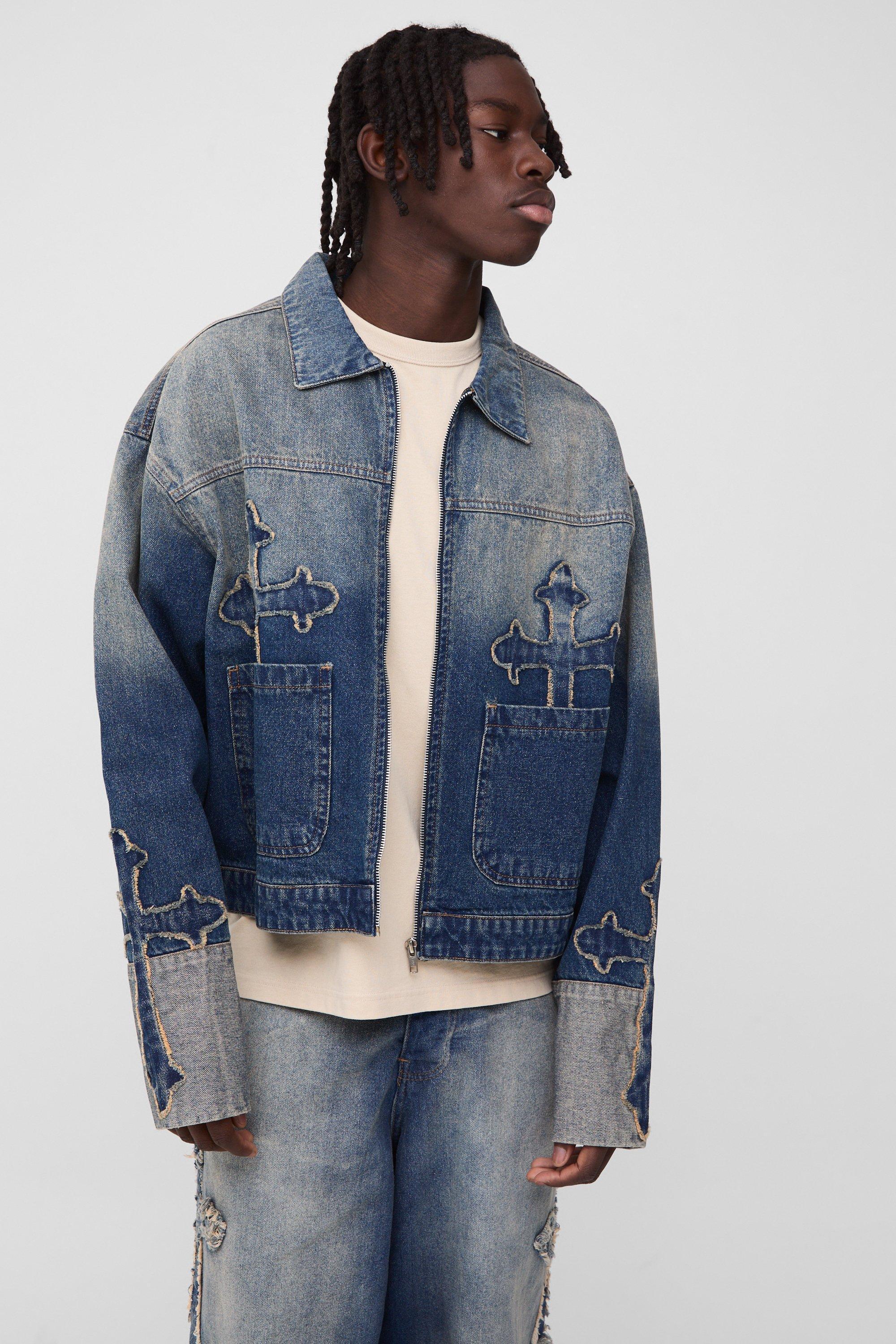 Boxy Fit Cross Applique Denim Bomber Jacket | boohooMAN USA Product Image