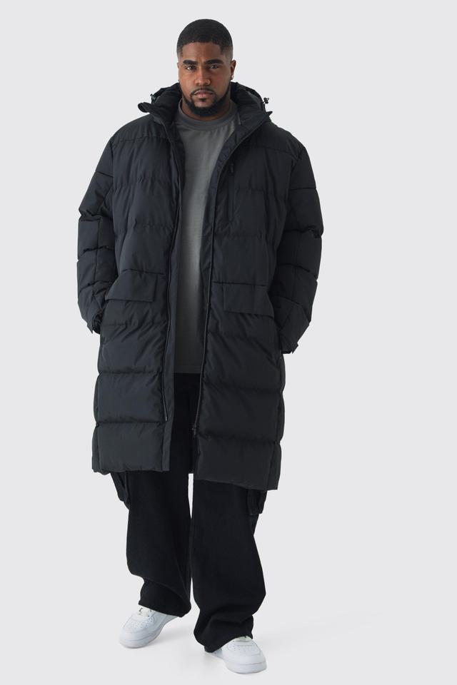 Plus Mid Length Hooded Puffer Jacket In Black | boohooMAN USA Product Image