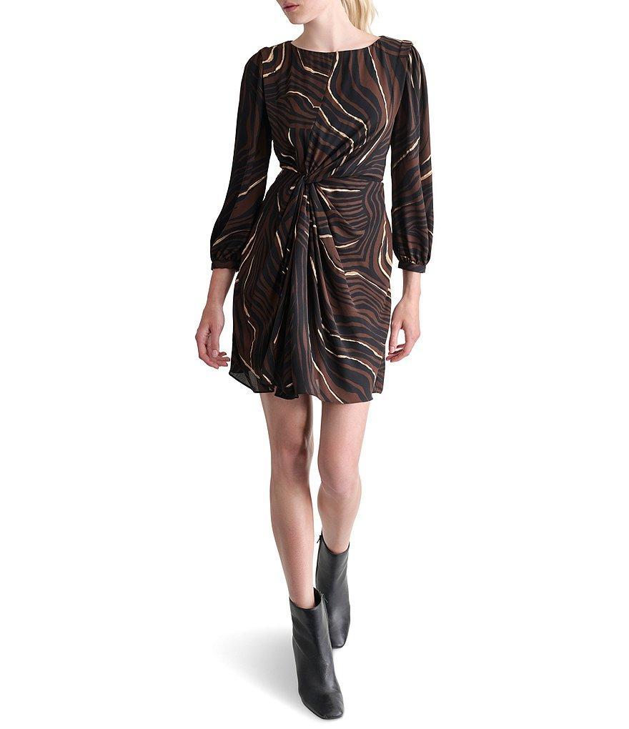 DKNY by Donna Karan Printed Boat Neck Long Balloon Sleeve Twist Front Mini Dress Product Image