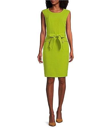 Kasper Stretch Crepe Sleeveless Belted Zipper Pocket Sheath Dress Product Image