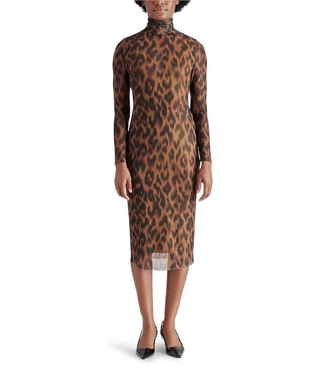 Steve Madden Vivienne Leopard Print Mesh Turtleneck Long Sleeve Bodycon Midi Dress Product Image