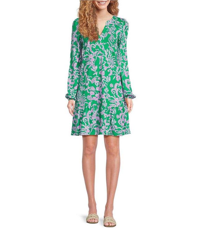 Lilly Pulitzer Alyssa Supima Cotton Jersey Split V-Neck Long Sleeve Ruffle A-Line Dress Product Image