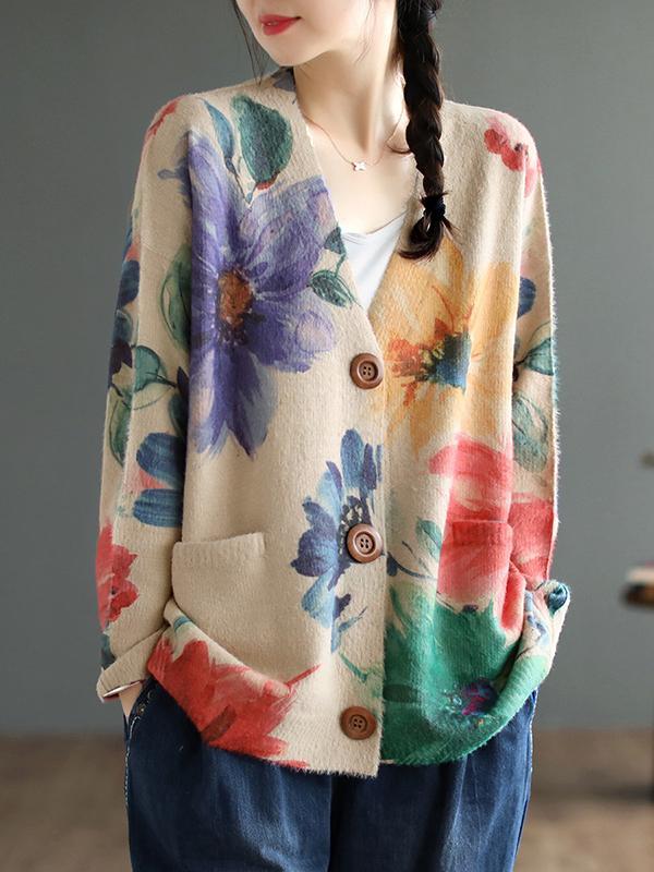 Vintage Long Sleeves Loose Buttoned Floral Printed Contrast Color V-Neck Cardigan Tops product image