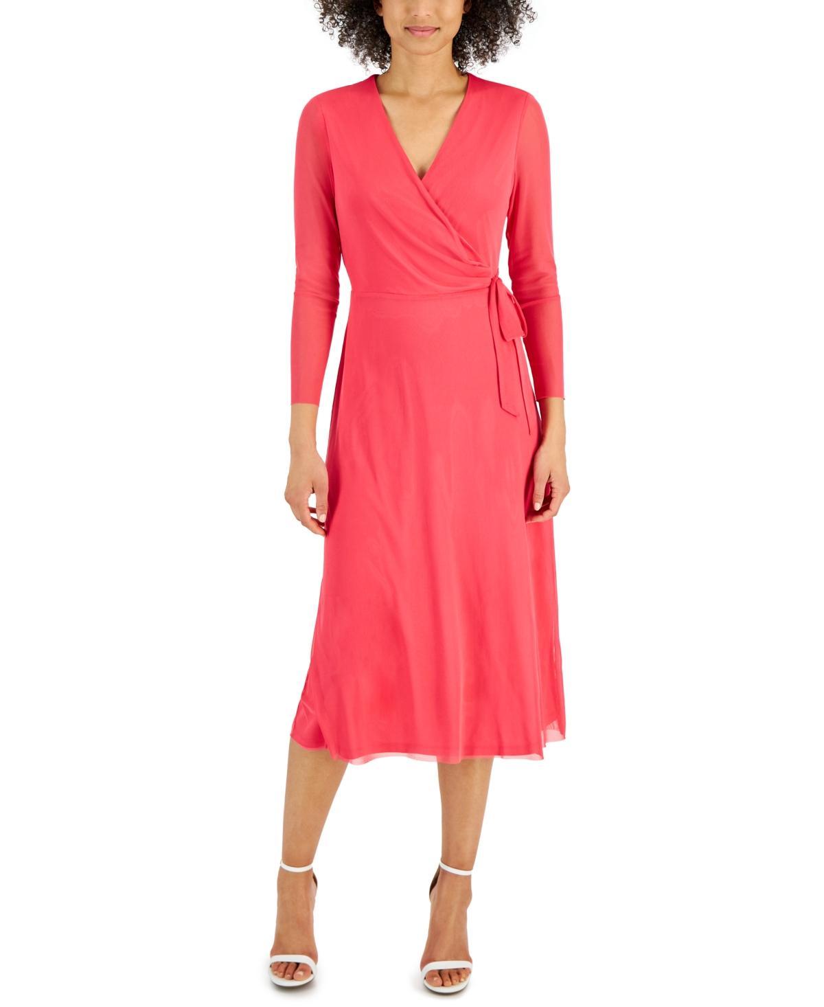 Anne Klein Womens Faux-Wrap Mesh-Sleeve Midi Dress Product Image