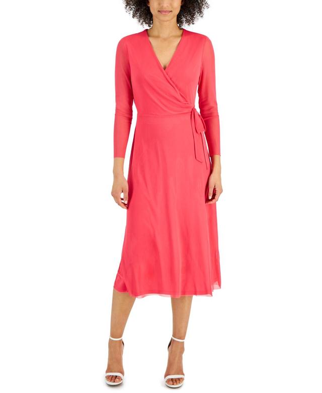 Anne Klein Womens Faux-Wrap Mesh-Sleeve Midi Dress Product Image