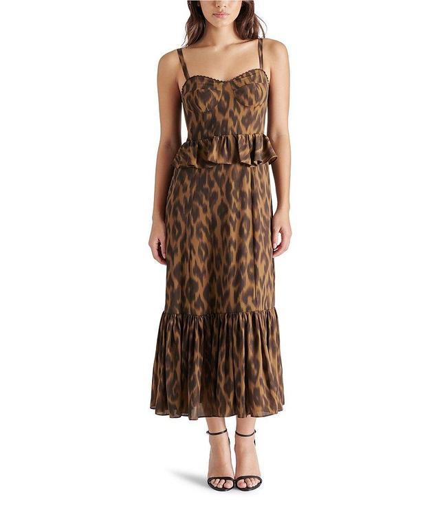 Steve Madden Eve Georgette Leopard Print Sweetheart Neck Sleeveless Peplum Midi Dress Product Image