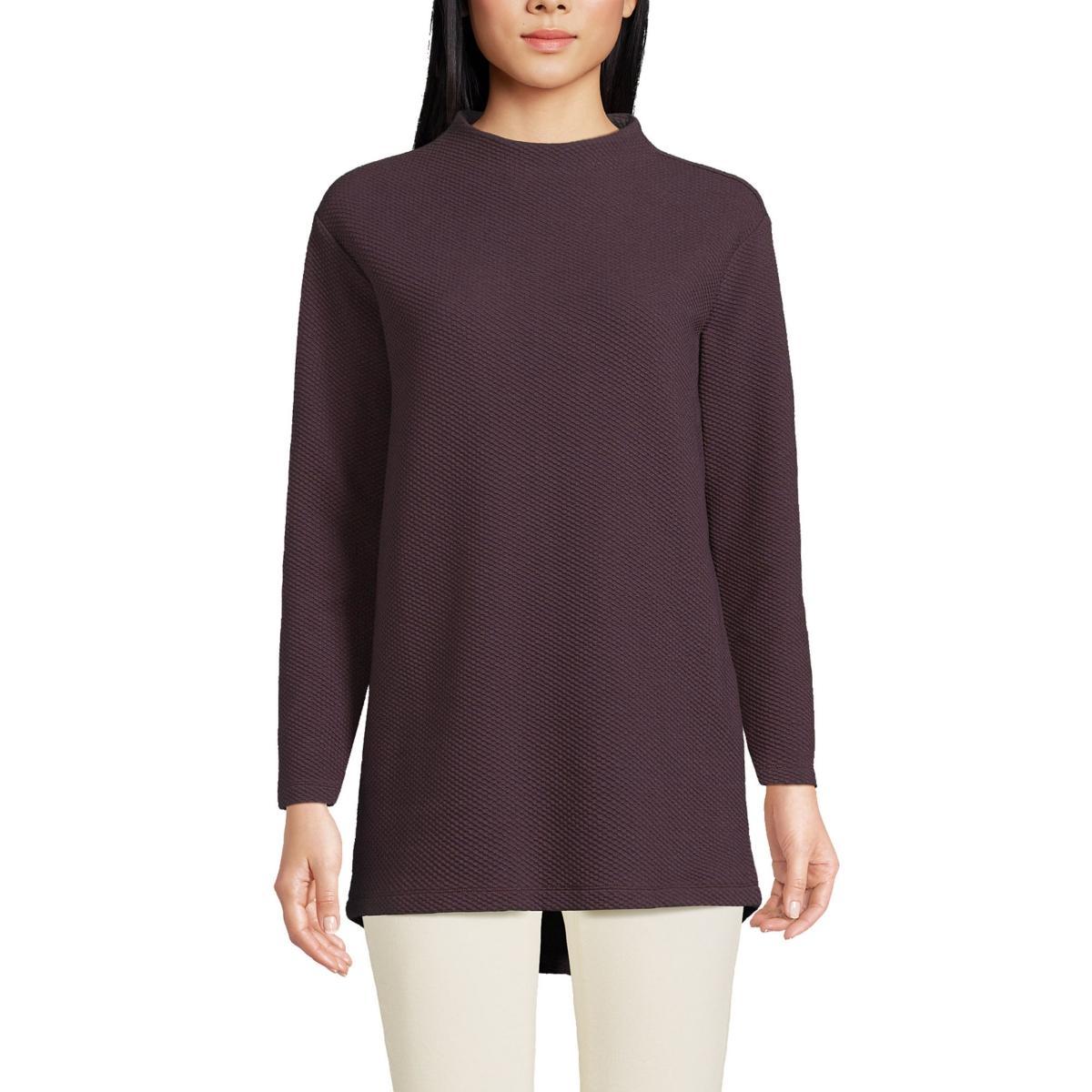 Lands End Womens Petite Long Sleeve Textured Pique Funnel Neck Tunic Product Image