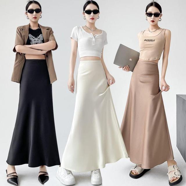 High Waist Plain Satin Maxi A-Line Skirt Product Image