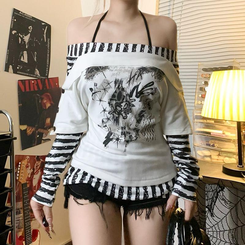 Long Sleeve Mock Two Piece Striped Panel Graphic Print Loose-Fit Top Product Image